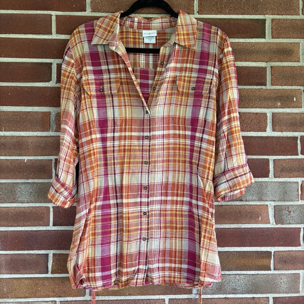 Jaclyn Smith Pink Orange Plaid Tie Waist Tunic Button Up Top Women's Sz L A3173